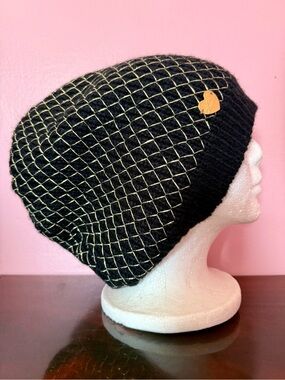 Betsey Johnson Black Metallic Gold Knit Slouch Beanie One Size